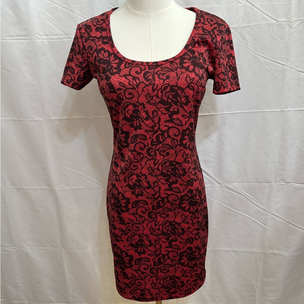 Y2K bebe Red Black Lace Print Bodycon Dress‎ Club Mini Small